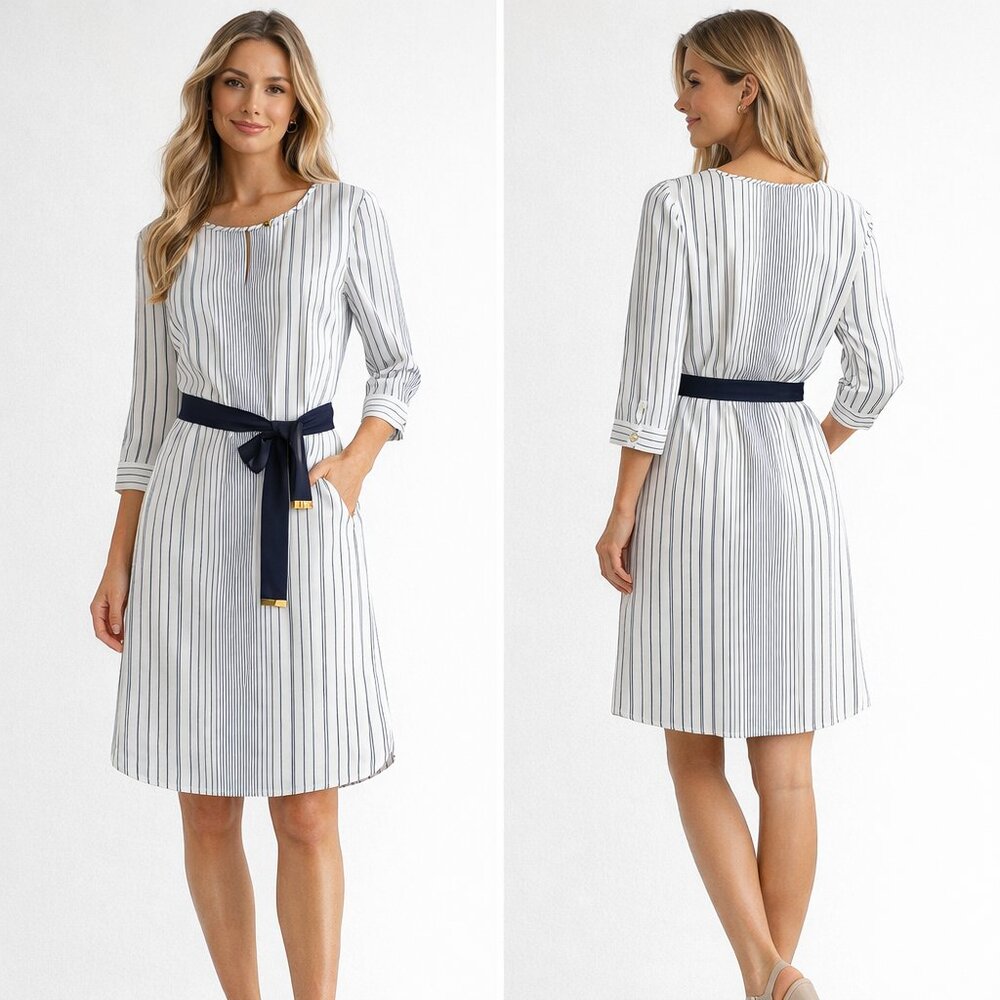 Ann Taylor | Long Sleeve Striped Shirt Dress with Navy Belt | Womens | SZ 8
